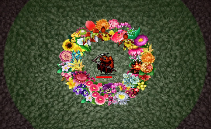 Screenshot from video game 'Vampire Survivors' showing the character Red Mask inside the ring of flowers on the Bone zone stage which is used to unlock the character Gains Boros