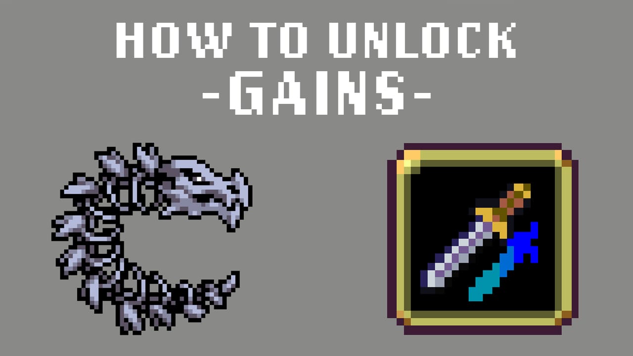 Pixel art graphic showing how to unlock 'Gains' in the game Vampire Survivors. The image features a stylized pixelated skeleton dragon shrimp, displayed in a golden-framed book on the right, with the title 'How to Unlock -Gains-' in large white pixel font on a grey background.