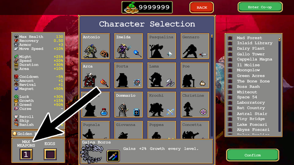 Screenshot from the video game 'Vampire Survivors' in the character selection screen, an arrow pointing to the max weapons option