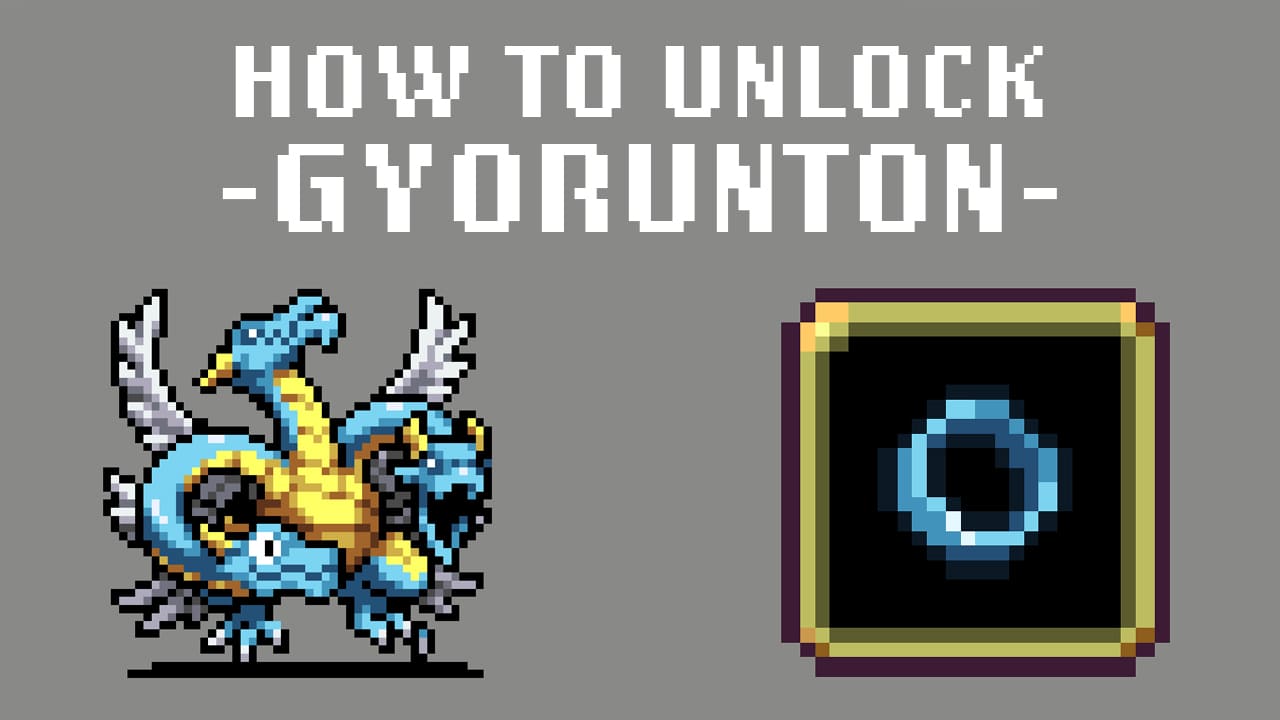 Pixel art graphic showing how to unlock 'Gyorunton' in the game Vampire Survivors. The image features a stylized pixelated three headed blue dragon with white wings, displayed in a golden-framed book on the right, with the title 'How to Unlock -Gyorunton-' in large white pixel font on a grey background.