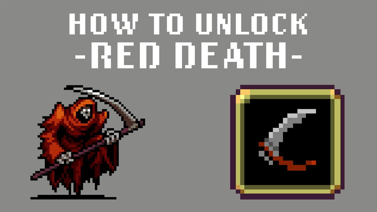 Pixel art graphic showing how to unlock 'Red Death' in the game Vampire Survivors. The image features a stylized pixelated grim reaper in a red clock wielding a scythe, displayed in a golden-framed book on the right, with the title 'How to Unlock -Red Death-' in large white pixel font on a grey background.