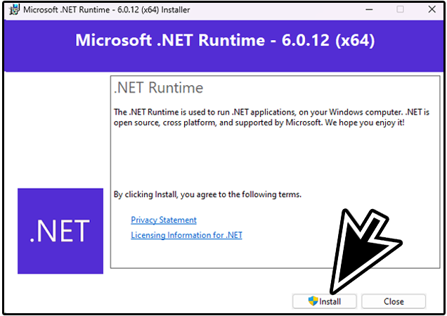 Microsoft .NET Runtime 6.0.12 (x64) installer screen, showing the installation process required for BTD6 mods to function properly.