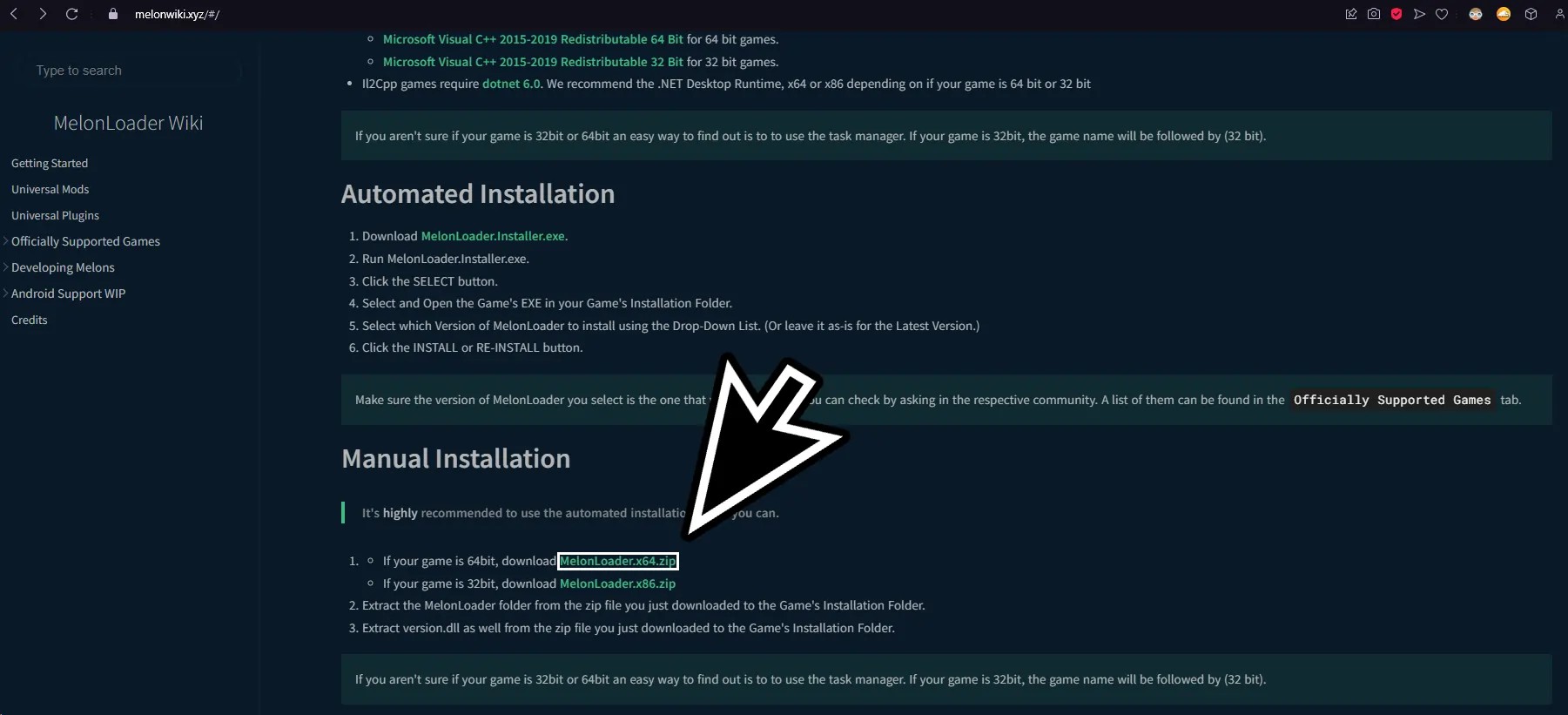 MelonLoader Wiki page showing automated and manual installation instructions for modding BTD6, with a cursor pointing to the MelonLoader.x64.zip download link.