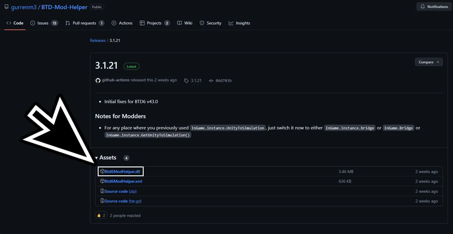 GitHub release page for BTD-Mod-Helper version 3.1.21, showing assets including Btd6ModHelper.dll, with a cursor pointing to the file, essential for modding BTD6.