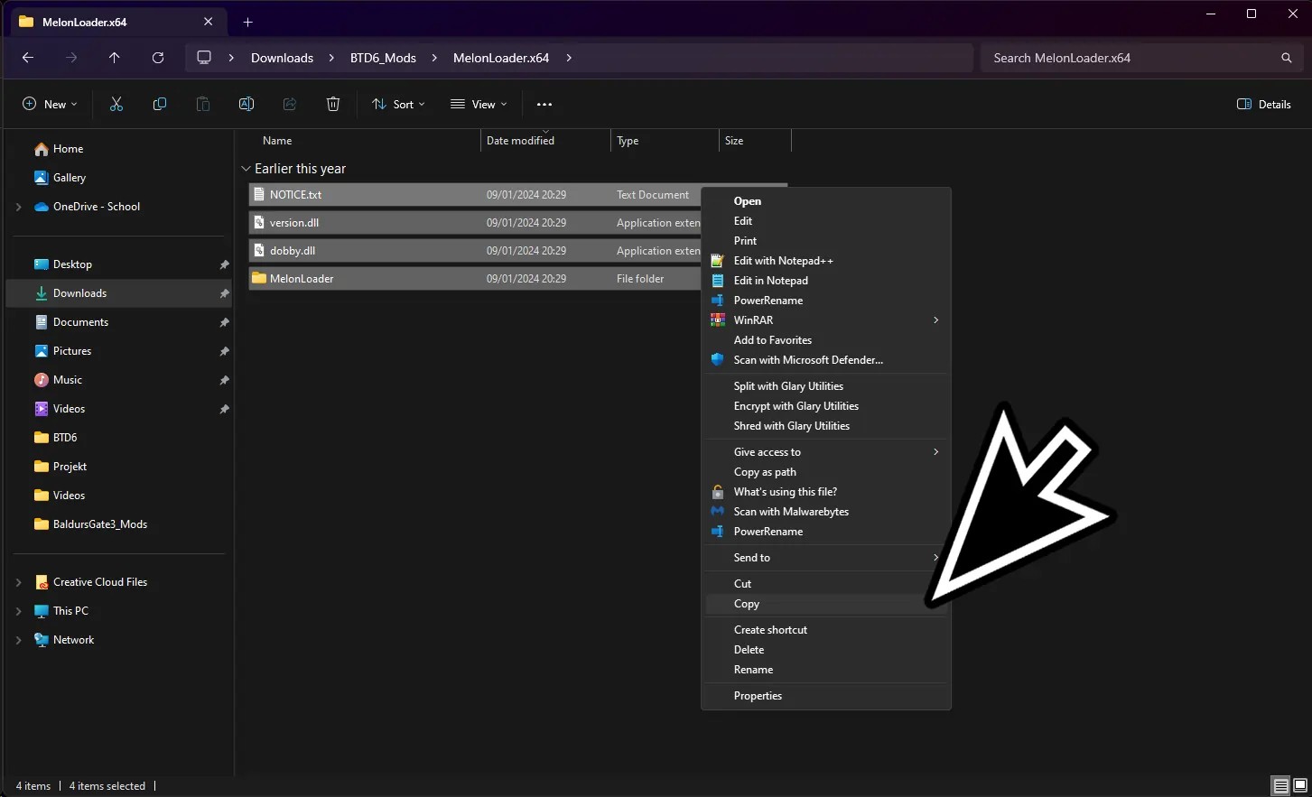 File explorer window showing the MelonLoader.x64 folder with files selected and a context menu open for copying, demonstrating a step in the BTD6 modding process.