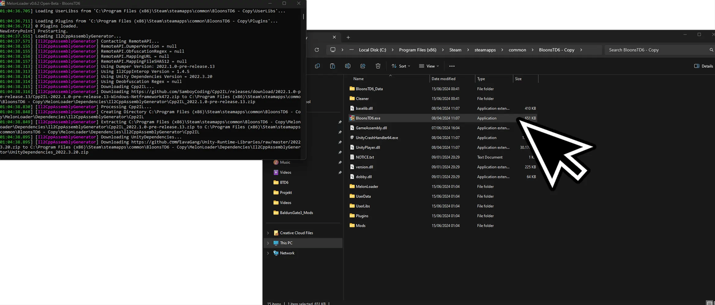 Command prompt window running MelonLoader alongside a file explorer showing the Bloons TD6 executable file in a modded game instance, illustrating the process of launching a modded version of BTD6.