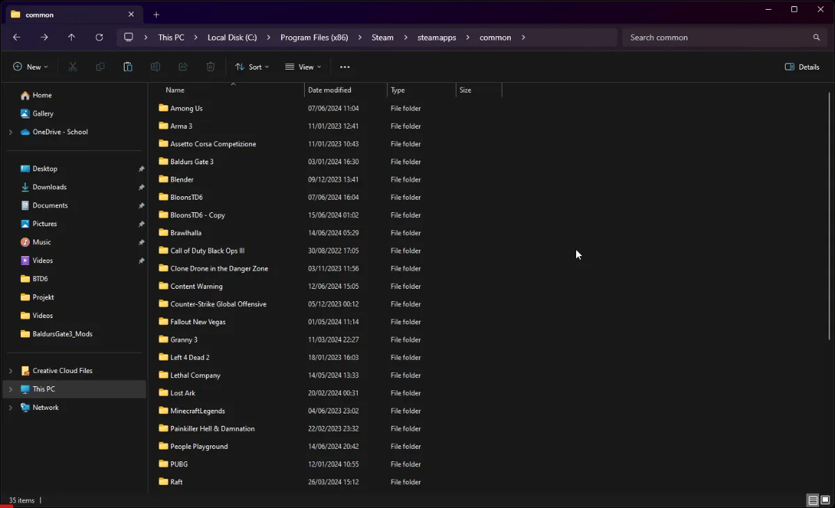 File explorer window showing the Steam common directory with a list of installed games, including a modded instance of Bloons TD6, demonstrating the process of pasting MelonLoader files into the game folder.