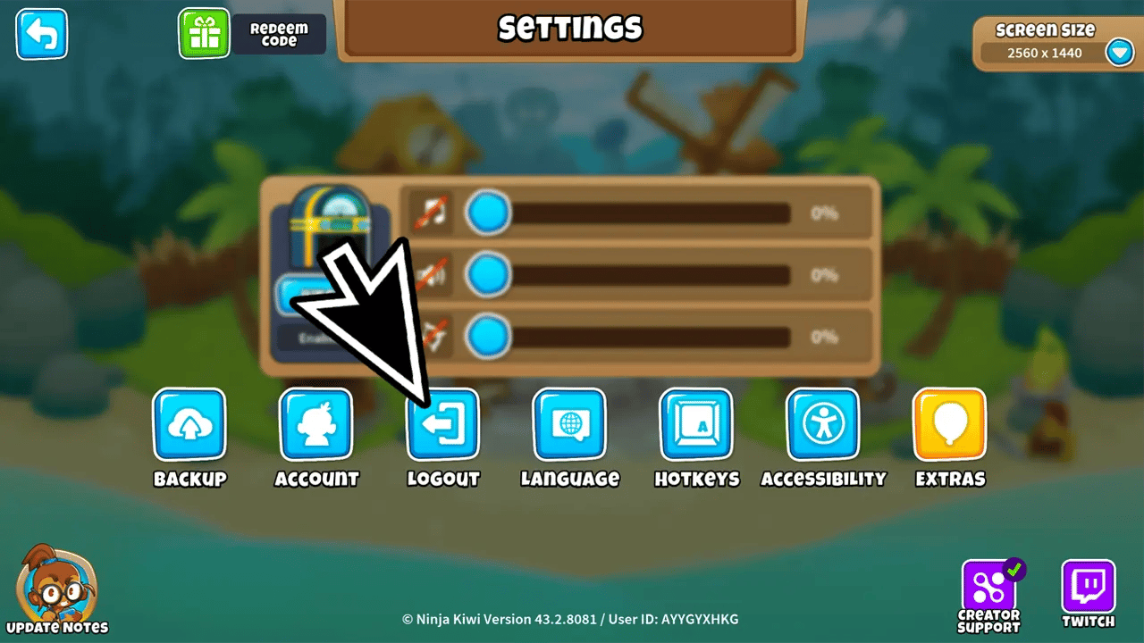 BTD6 settings menu with a cursor pointing to the logout button, indicating the option to log out of the current account in Bloons Tower Defense 6.