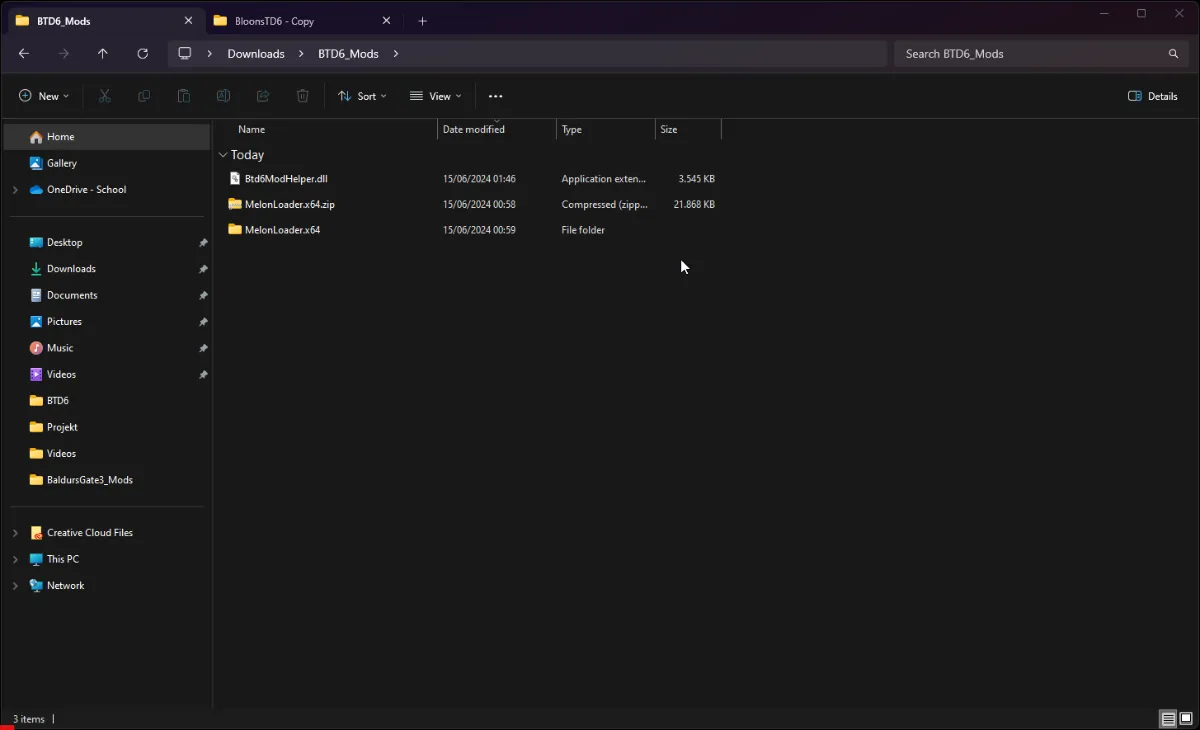 File explorer window showing the BTD6_Mods directory with files including Btd6ModHelper.dll, MelonLoader.x64.zip, and MelonLoader.x64 folder, illustrating the process of installing BTD6 Mod Helper.