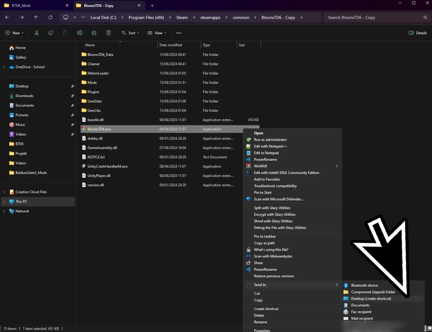 File explorer window showing the Bloons TD6 executable file with a context menu open, highlighting the option to create a desktop shortcut for the modded game instance.