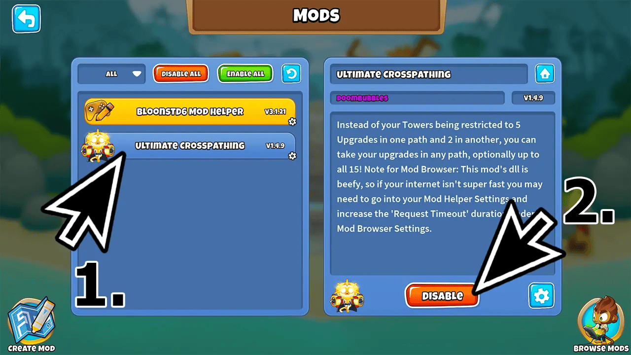 BTD6 mod management screen showing installed mods including BloonsTD6 Mod Helper and Ultimate Crosspathing, with a cursor pointing to the 'Disable' button, demonstrating how to manage and configure installed mods in Bloons Tower Defense 6.