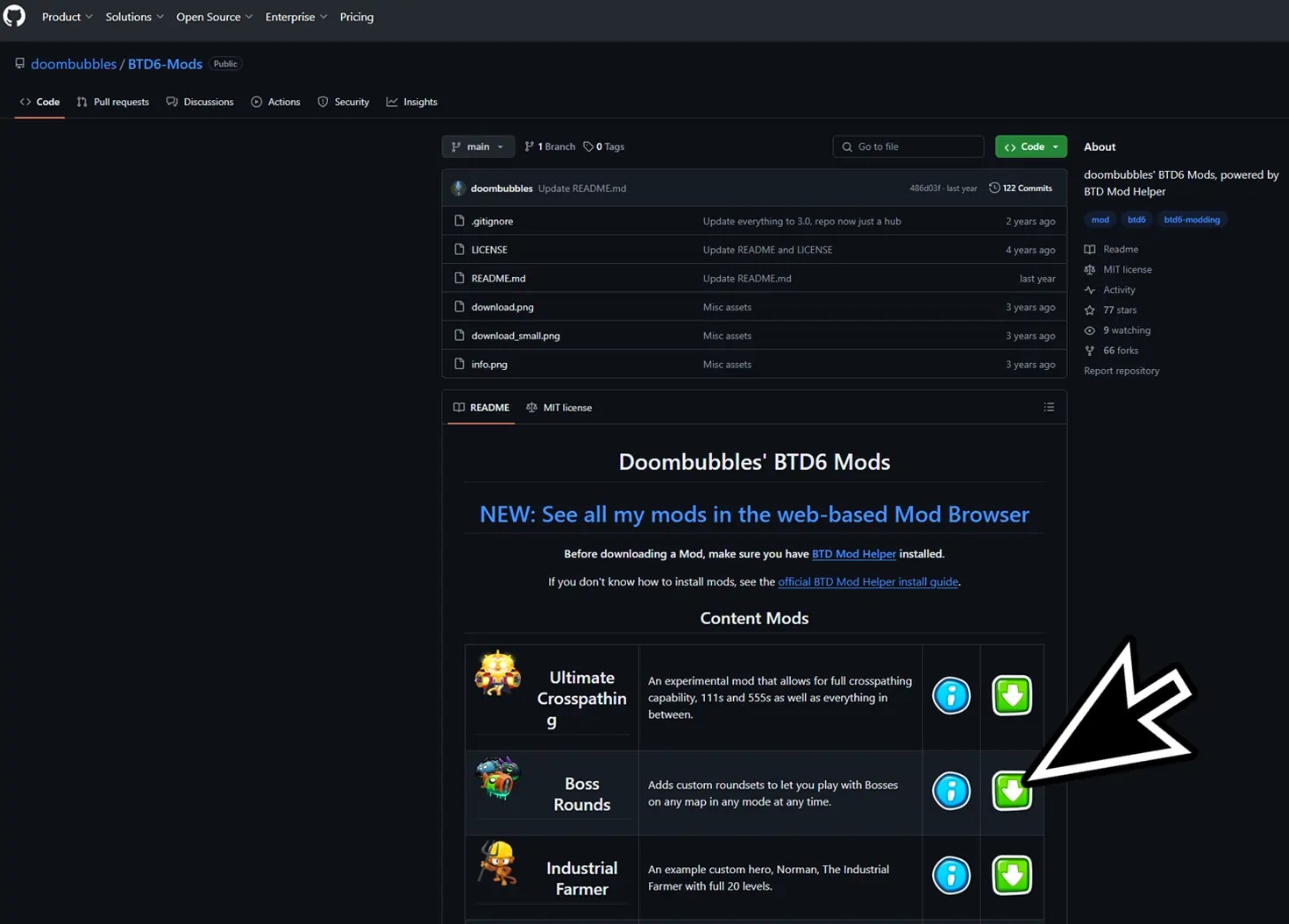 GitHub repository page for doombubbles' BTD6 Mods, showing a list of content mods including Ultimate Crosspathing, Boss Rounds, and Industrial Farmer, with a cursor pointing to the download icon, illustrating the process of manually downloading mods for Bloons Tower Defense 6.