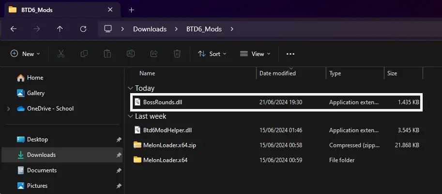 File explorer window showing the BTD6_Mods directory with the newly downloaded BossRounds.dll file, along with previously downloaded mod files, illustrating the process of manually adding mods to Bloons Tower Defense 6.