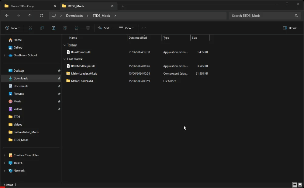 File explorer window showing the BTD6_Mods directory with the BossRounds.dll file highlighted, demonstrating the process of manually installing mods for Bloons Tower Defense 6.