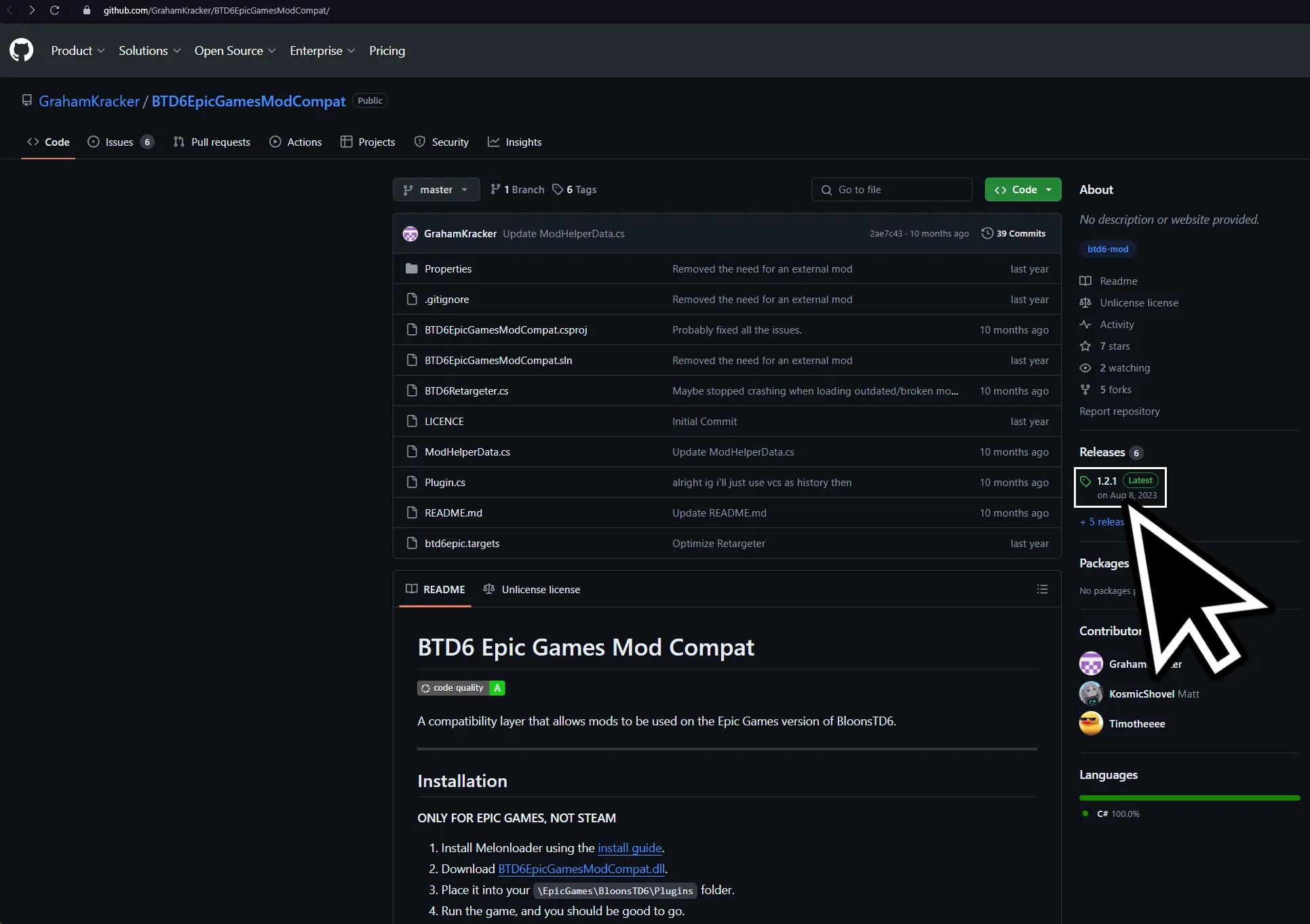 GitHub repository page for BTD6EpicGamesModCompat by GrahamKracker, showing the files and latest release version 1.2.1 for modding Bloons TD6 on the Epic Games platform.