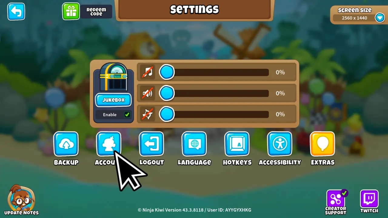 BTD6 settings menu with a cursor hovering over the account button, illustrating the steps to access account settings for modding Bloons Tower Defense 6.