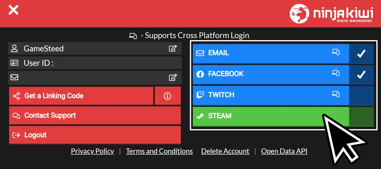 Account linking screen in BTD6 showing options for email, Facebook, Twitch, and Steam, essential for enabling cross-platform login and modding in Bloons Tower Defense 6.