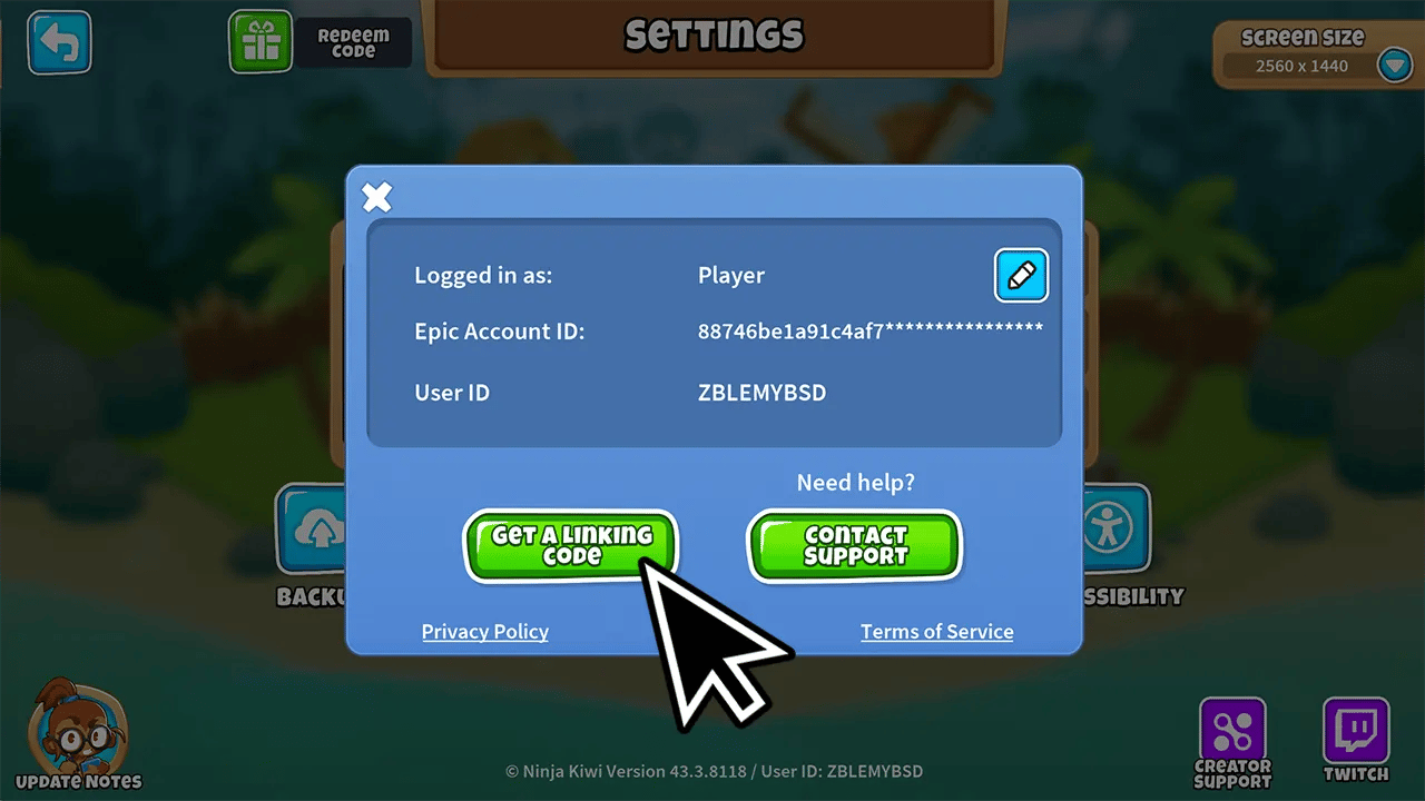 BTD6 settings screen displaying the player's account information, including Epic Account ID and User ID, with options to get a linking code or contact support, crucial for modding Bloons Tower Defense 6.