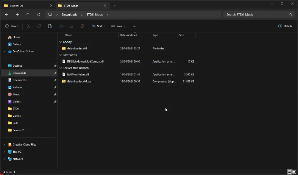 File explorer window showing the BTD6_Mods directory with files including MelonLoader.x64, BTD6EpicGamesModCompat.dll, and Btd6ModHelper.dll, illustrating the process of pasting the Epic Games mod compatibility file into the Bloons TD6 game folder.