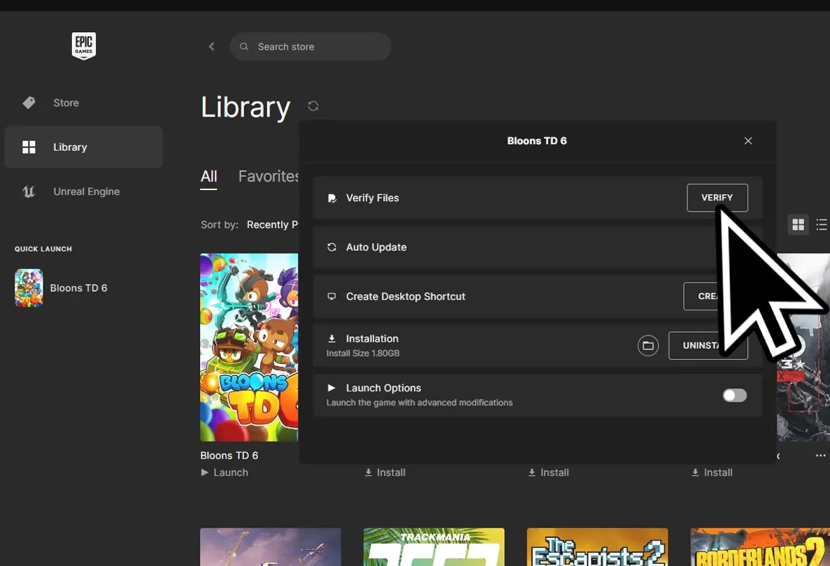 A screenshot from the Epic Games library showing the Bloons TD 6 game page with the option to verify the integrity of game files highlighted. This action ensures that all game files are intact and up to date, helping to resolve any issues caused by corrupted or missing files.