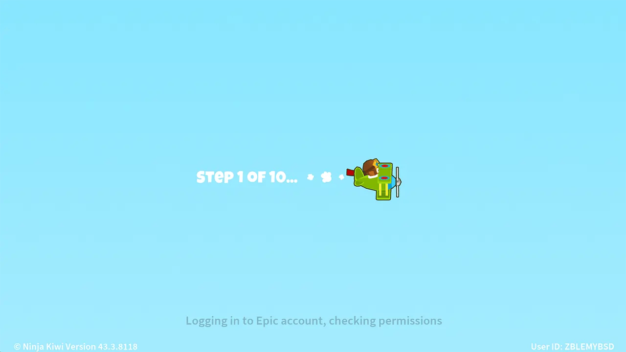 BTD6 loading screen showing 'Step 1 of 10' with a monkey in an airplane, indicating the login process to an Epic account and checking permissions for Bloons Tower Defense 6.