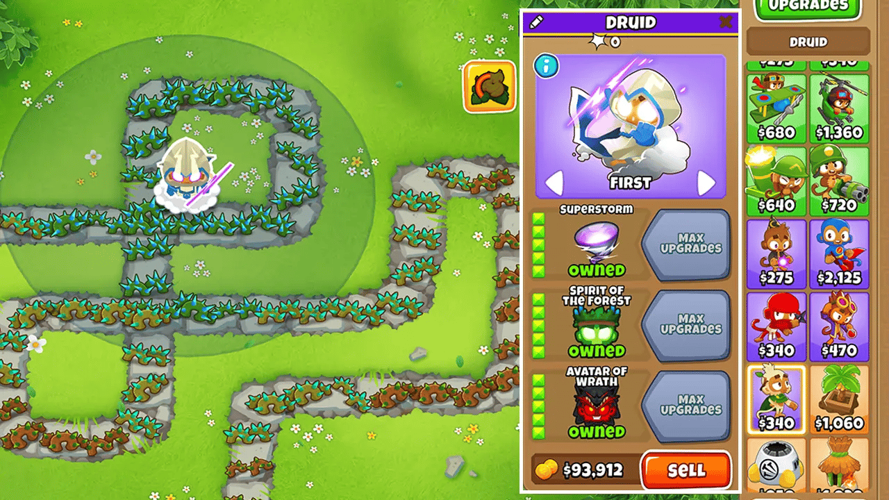 A screenshot of a Druid monkey in Bloons TD 6 with all upgrade paths fully maxed out using the Ultimate Crosspathing mod, allowing for 5-5-5 upgrades.