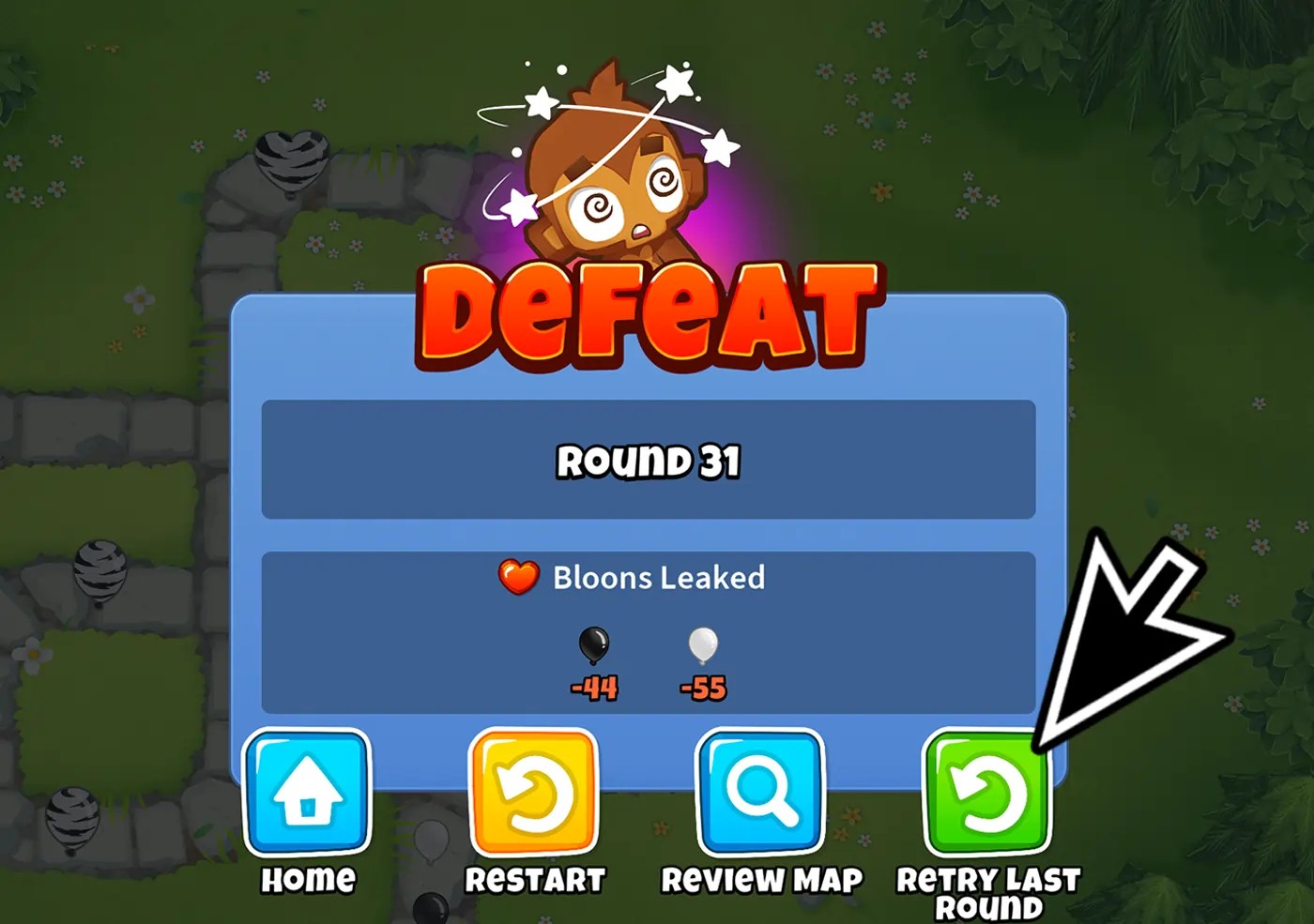 A game over screen in Bloons TD 6 showing the "Defeat" message after round 31, with the cursor pointing to the "Retry Last Round" button.