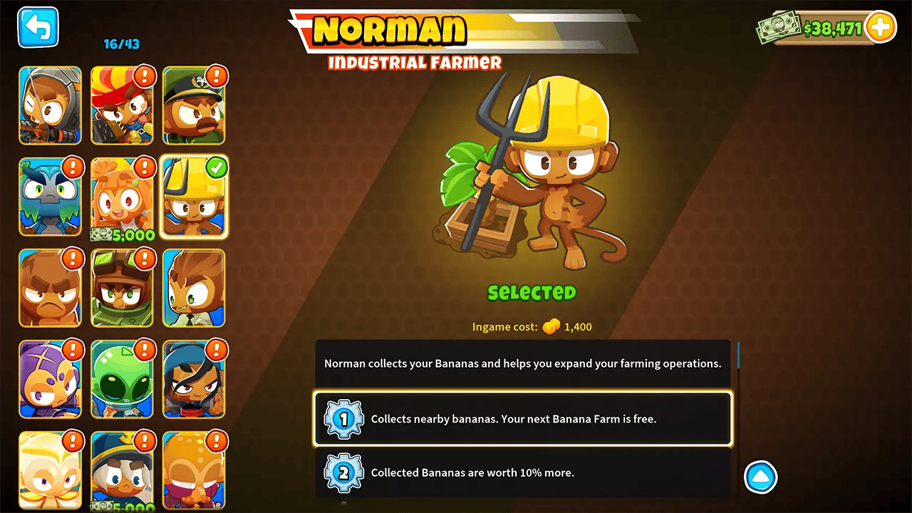 A modded hero in Bloons TD 6 named Norman, who specializes in collecting bananas. The screen shows Norman selected, with abilities to collect nearby bananas and provide a free Banana Farm for the next purchase.