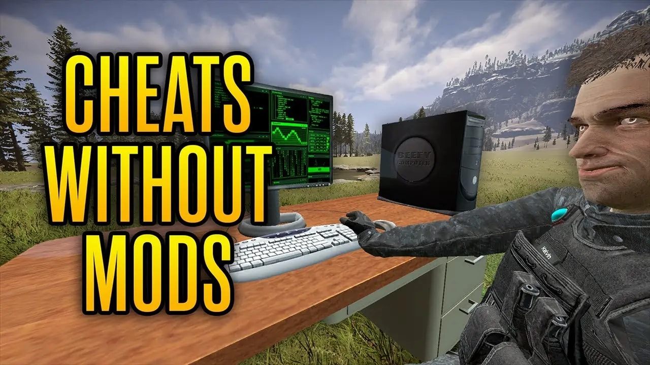 Sons of the Forest guide thumbnail showing the character Kevin sitting at a desk with computer monitors. The text on the image reads 'CHEATS WITHOUT MODS' in bold yellow letters.