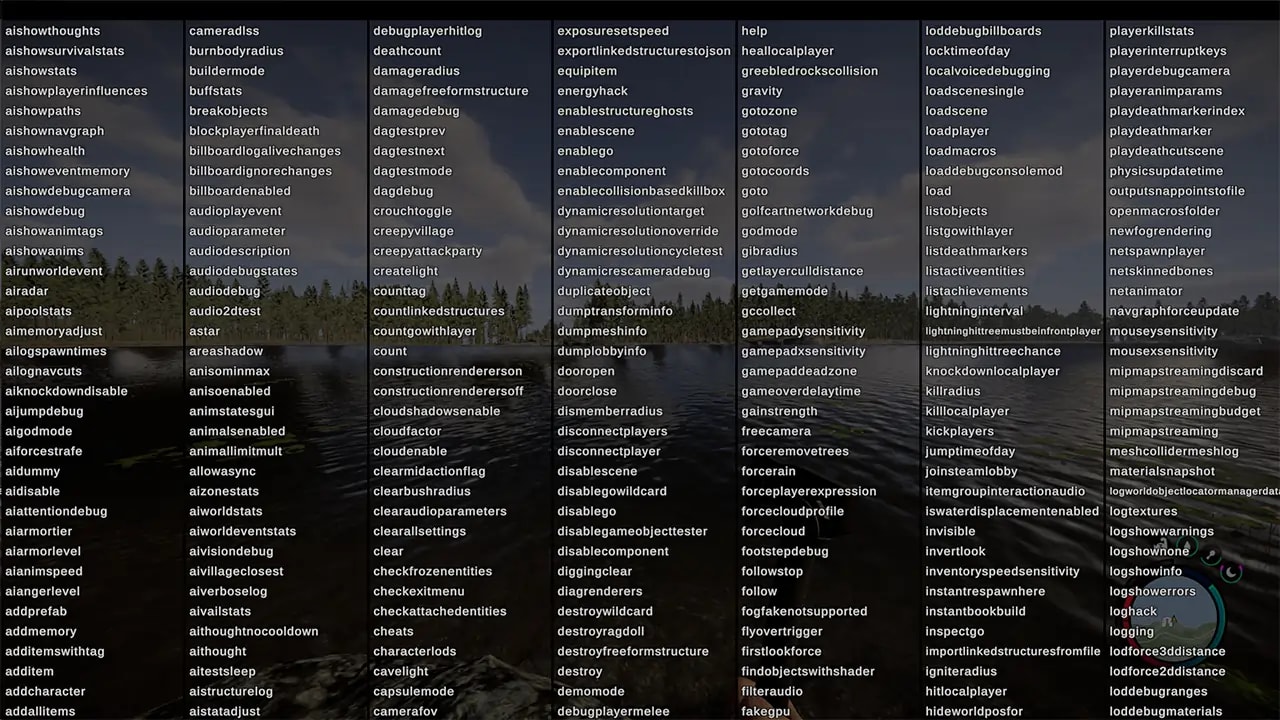 In-game console of Sons of the Forest showing a long list of available commands that can be used for cheats and debugging.