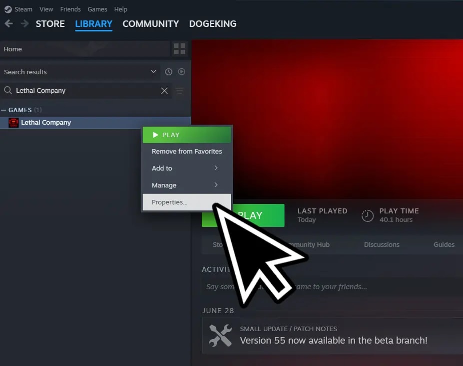 Steam library interface with a right-click menu on Lethal Company, highlighting the 'Properties' option to access beta settings.