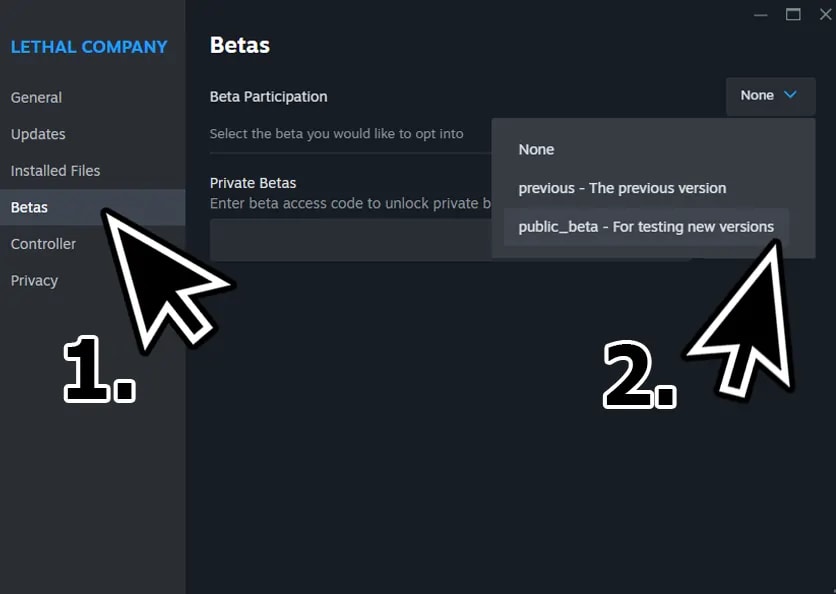 Steam settings for Lethal Company, highlighting the 'Betas' section with an arrow pointing to 'public_beta' for testing new versions.