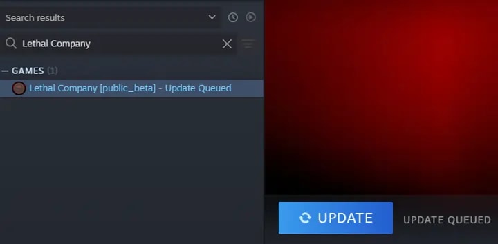 Steam library interface showing Lethal Company with the 'Update Queued' status, indicating a public beta version update.