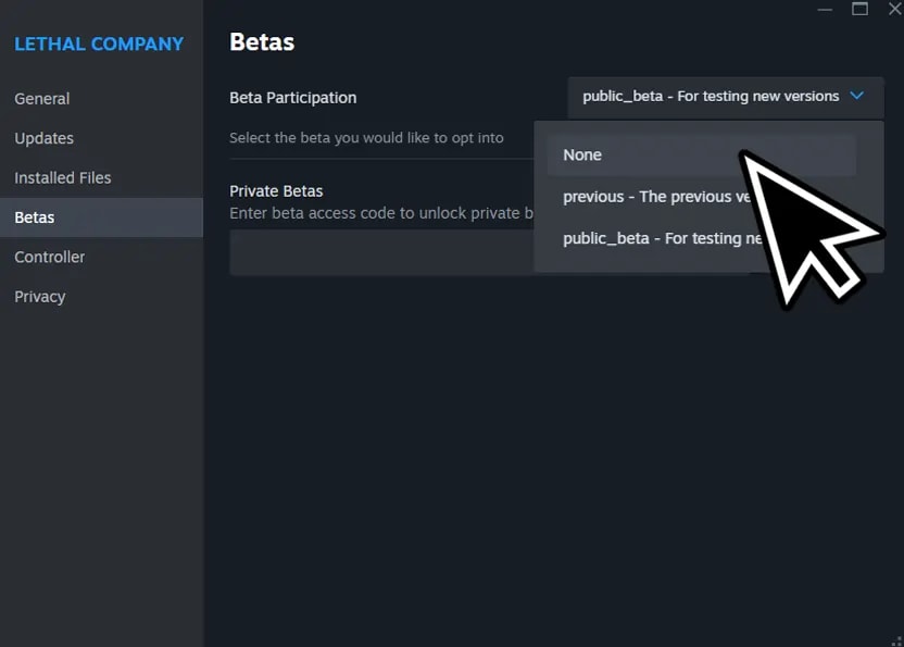 Steam settings for Lethal Company, highlighting the 'Betas' section with an arrow pointing to 'None' in the dropdown menu, indicating how to revert from 'public_beta' to the current version.