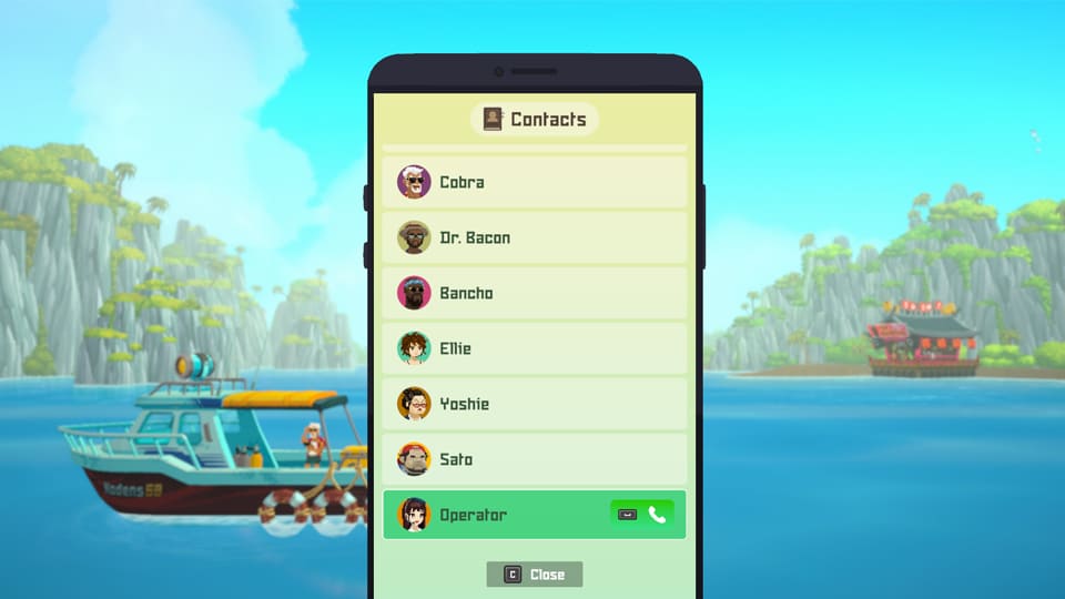 Screenshot from 'Dave the Diver' showing the In-game 'Call' app and the Operator contact being highlighted with a green colour. Behind the phone is a scenic view of the ocean and a boat