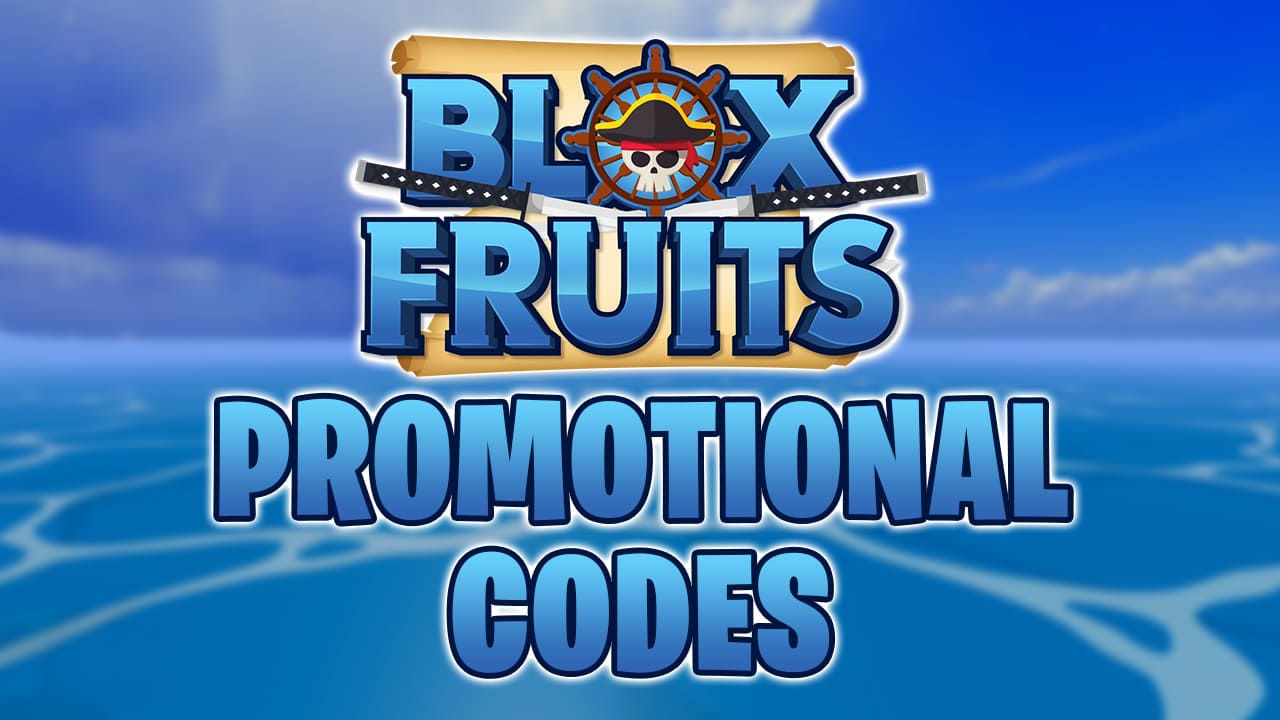 Image with the text "Blox Fruits Promotional Codes" against a backdrop of a calm ocean under a clear blue sky, featuring a skull and crossbones logo with a pirate hat and crossed swords.