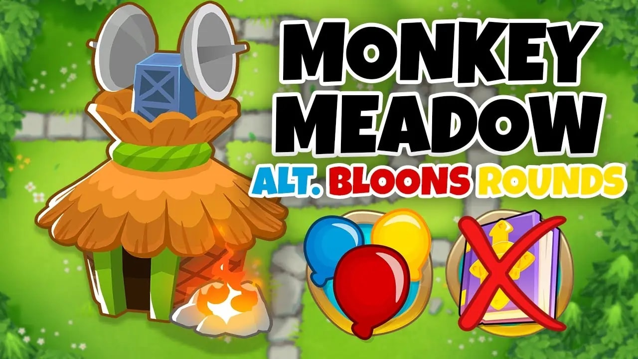 Thumbnail for a Bloons TD 6 guide on the Monkey Meadow map for Alternate Bloons Rounds difficulty. The image features a Monkey Village, icons of colorful bloons, and a crossed-out book indicating no Monkey Knowledge. The text reads 'Monkey Meadow Alt. Bloons Rounds'.