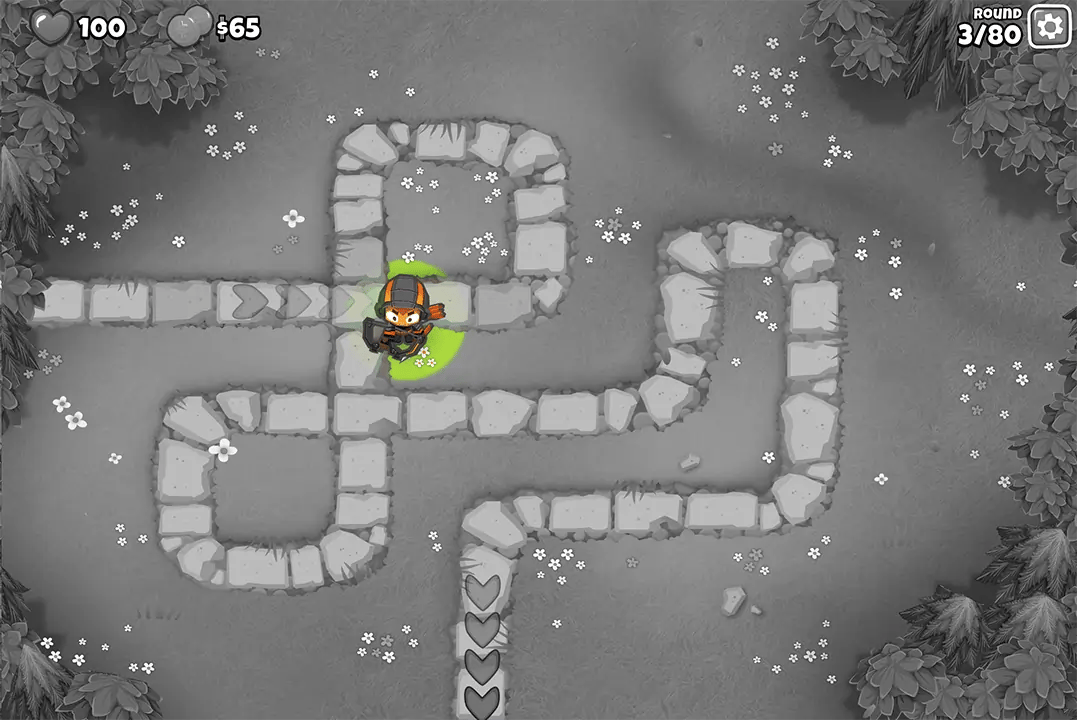 Bloons TD 6 screenshot of Round 3 on Monkey Meadow with Magic Monkeys only. Quincy is defending the path solo.