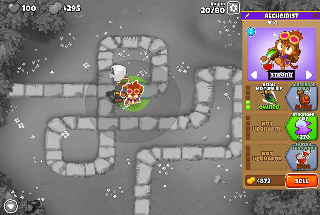 Bloons TD 6 screenshot of Round 20 on Monkey Meadow with Magic Monkeys only. The Alchemist, selected and upgraded with Acidic Mixture Dip, is shown.