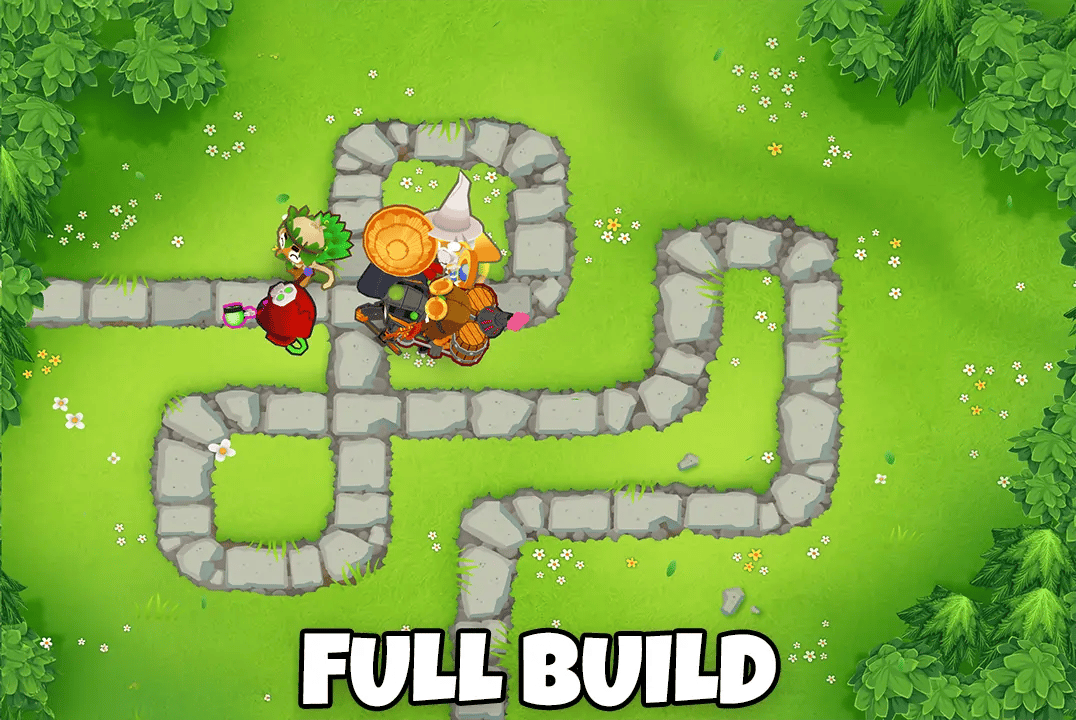 Bloons TD 6 screenshot showing a fully built defense on the Monkey Meadow map with Magic Monkeys only. Visible are a Druid, Wizard Monkey, Alchemist, and Ninja Monkey, each upgraded and strategically placed along the path. The text 'Full Build' is displayed at the bottom.