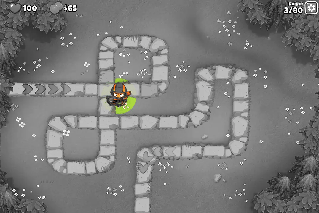 Bloons TD 6 screenshot of Round 3 on Monkey Meadow for Double HP MOABs mode. Quincy is defending the path, showcasing the very early stage of the game with minimal defenses in place and the player's life count at 100.