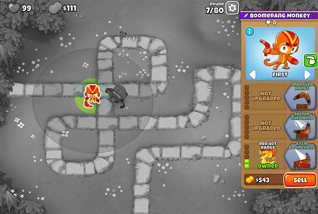 Bloons TD 6 screenshot of Round 7 on Monkey Meadow for Double HP MOABs mode. The Boomerang Monkey, selected with potential upgrades like Improved Rangs and Red Hot Rangs, is visible. Quincy is also present, starting the early game defense.