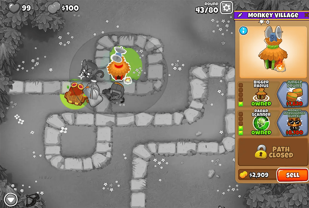 Bloons TD 6 screenshot of Round 43 on Monkey Meadow for Double HP MOABs mode. The Monkey Village, selected and upgraded with Bigger Radius and Radar Scanner, is shown. Surrounding it are an Alchemist, Quincy, and Boomerang Monkey, each enhancing the defense.