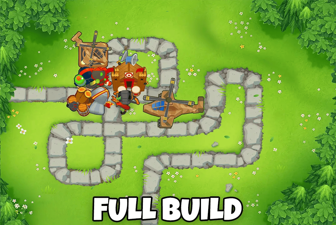 Bloons TD 6 screenshot showing a full build defense on Monkey Meadow map for Double HP MOABs mode. Visible monkeys include a Glue Gunner, Heli Pilot, Alchemist, and Quincy, all upgraded and strategically placed along the path. The text 'Full Build' is displayed at the bottom.