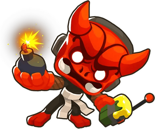 Bloons TD 6 image of a red Ninja Monkey in a devil costume, holding a bomb with a lit fuse in one hand and a detonator in the other. The character has white glowing eyes and a mischievous grin, highlighting its explosive abilities.