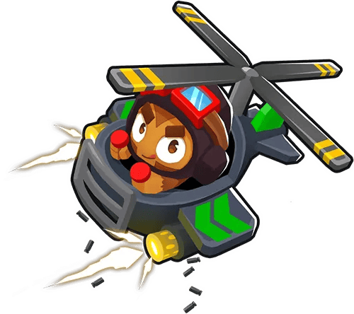 Bloons TD 6 image of a Heli Pilot monkey in a black and green helicopter. The monkey, wearing a red headset and goggles, is gripping the helicopter controls, with propellers spinning and ready for action.