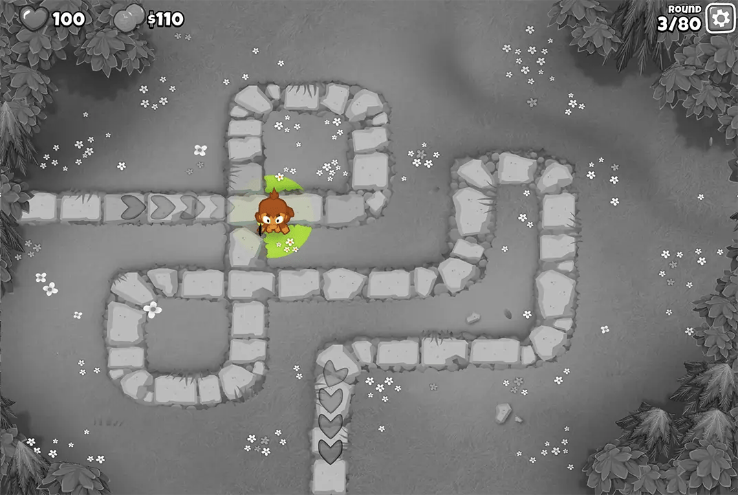 Bloons TD 6 screenshot of Round 3 on Monkey Meadow for Half Cash mode. A single Dart Monkey is positioned on the path, showcasing the very early stage of the game with minimal defenses and the player's life count at 100.