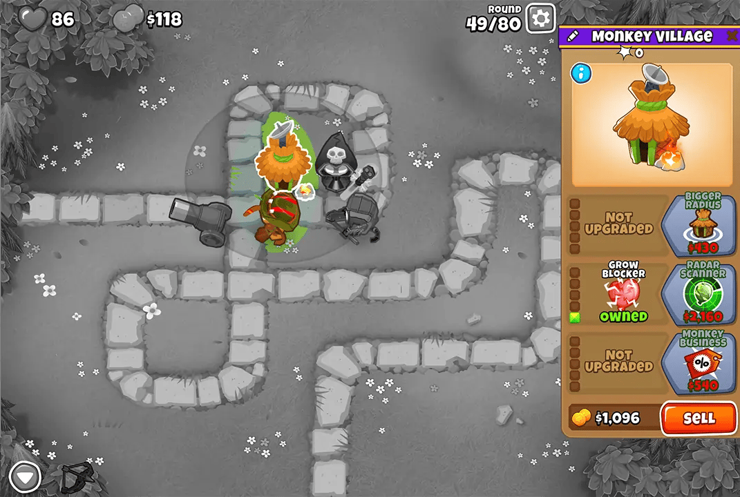 Bloons TD 6 screenshot of Round 49 on Monkey Meadow for Half Cash mode. The Monkey Village is selected, showing upgrades like Grow Blocker and Radar Scanner. Surrounding it are various monkeys including Quincy, Boomerang Monkey, and Bomb Shooter.