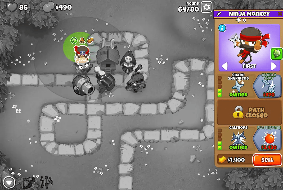 Bloons TD 6 screenshot of Round 64 on Monkey Meadow for Half Cash mode. The Ninja Monkey is selected, displaying its upgrades like Sharp Shurikens and Double Shot. Surrounding it are other monkeys including Quincy, Druid, and Bomb Shooter, all set up for defense.