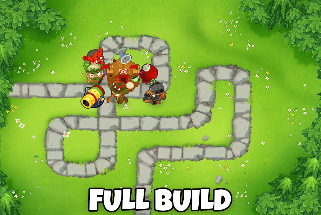 Bloons TD 6 screenshot showing a full build defense on Monkey Meadow map for Half Cash mode. Visible monkeys include a Bomb Shooter, Ninja Monkey, Druid, Quincy, Monkey Village, Wizard Monkey, and a Boomerang Monkey, all strategically placed along the path. The text 'Full Build' is displayed at the bottom.